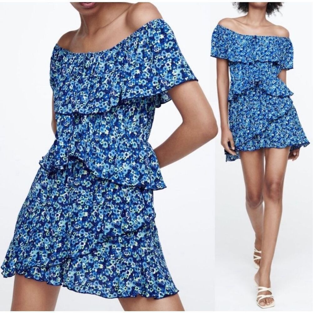 Zara Tiered Blue Floral Off the Shoulder Jumpsuit Romper MEDIUM Preppy Ruffles - Picture 2 of 13